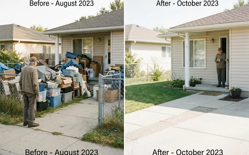 Before and after comparison of hoarding property exterior showing successful code compliance after professional cleanup