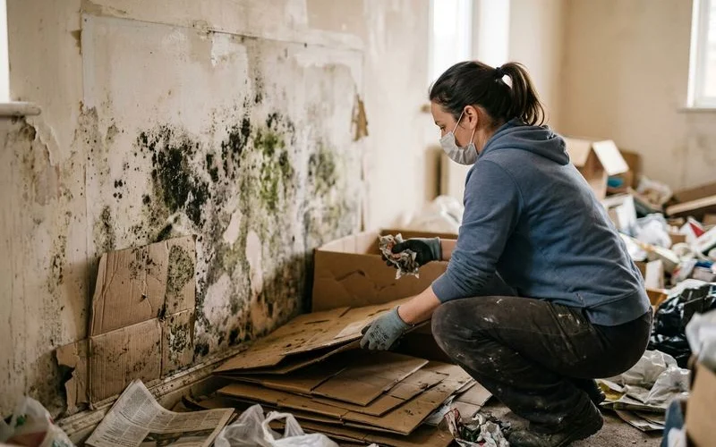 Extensive mold growth on wall behind removed boxes in hoarding home showing black and green mold colonies spreading