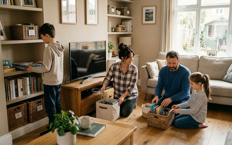 Family working together to maintain an organized living room with clear surfaces and designated storage in their home